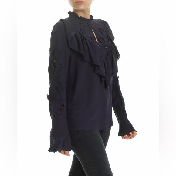 See By Chloe Blue Ruffled Bib Collar Blouse, US6 - Picture 2 of 16